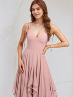 A Line Pink Chiffon Spaghetti Straps Sleeveless Floor Length Dress With Ruffles