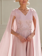 Rosa Chiffon A-Linien V-Ausschnitt kurzärmliges knöchellanges Kleid für die Mutter der Braut