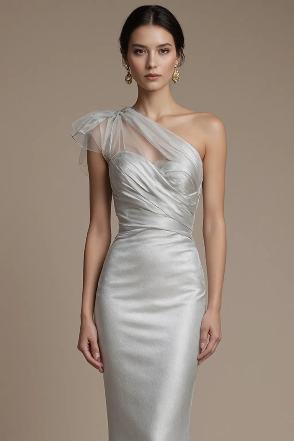 Evening Ball Silver Gray Dress One Shoulder Glitter Pleated Maxi Dress