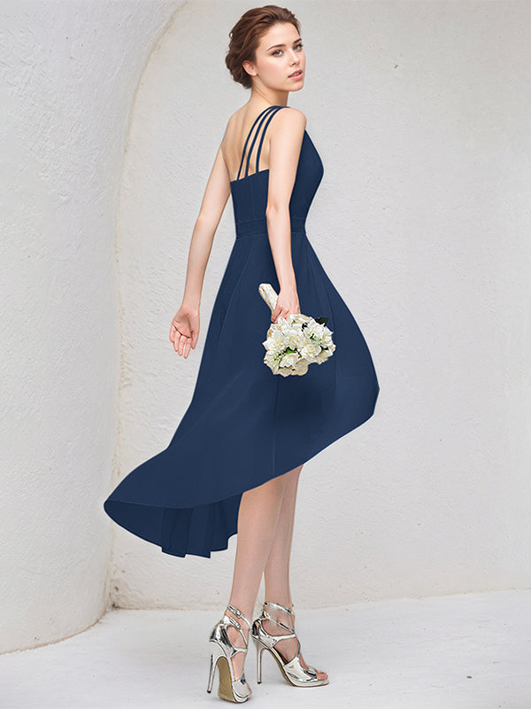Abito da damigella a linea A blu scuro monospalla senza maniche in chiffon asimmetrico