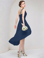 Abito da damigella a linea A blu scuro monospalla senza maniche in chiffon asimmetrico