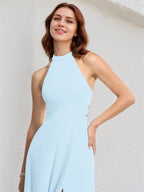 A-Linien-Himmelblaues Chiffon-Kleid mit Neckholder, ärmellos, bodenlang mit hohem Schlitz