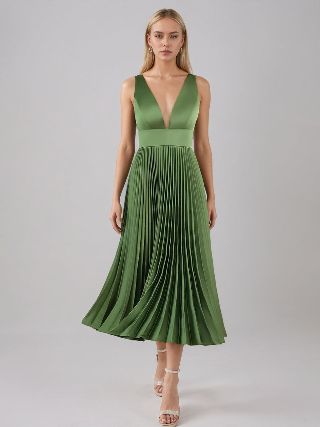 Olivgrünes A-Linien-Satin-Kleid mit V-Ausschnitt, ärmellos, tea-length