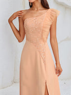 A-Linien Lachsfarbenes Chiffon Ein-Schulter ärmelloses knöchellanges Kleid mit hohem Schlitz