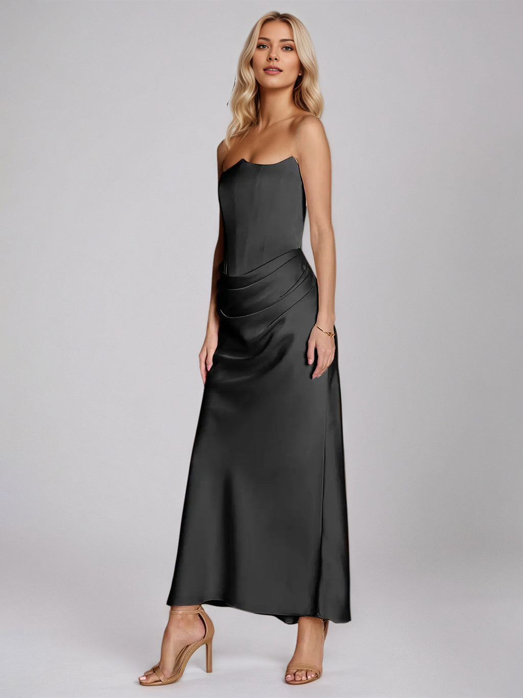 Black Satin Sheath/Column Off The Shoulder Sleeveless Floor Length Dress