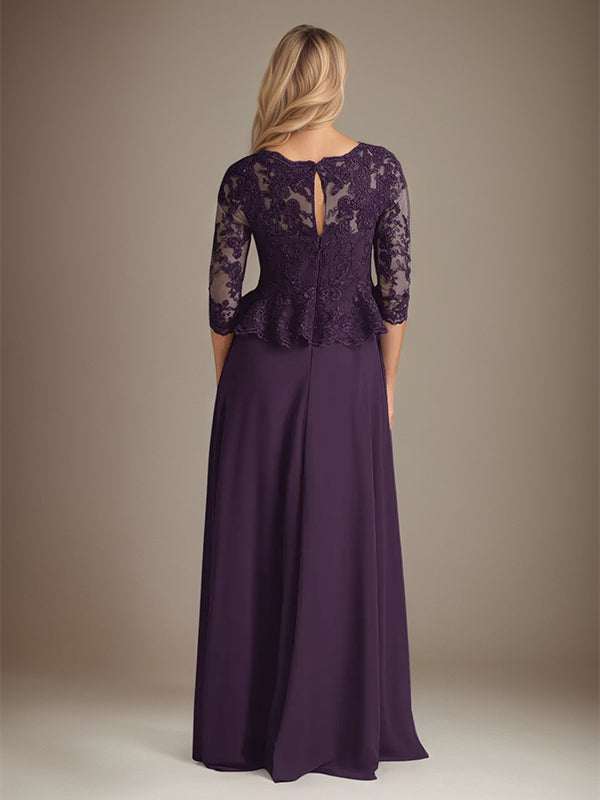 Vestido longo de chiffon ameixa, modelo evasê, decote canoa, mangas 3/4 e apliques