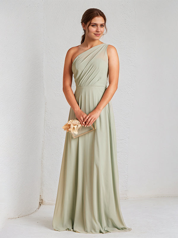 Vestido largo sin mangas de gasa verde salvia en línea A con un solo hombro
