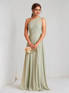 Vestido largo sin mangas de gasa verde salvia en línea A con un solo hombro