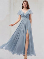 Staubblaues A-Linien Chiffonkleid mit V-Ausschnitt und bodenlanger Länge, Brautjungfernkleid