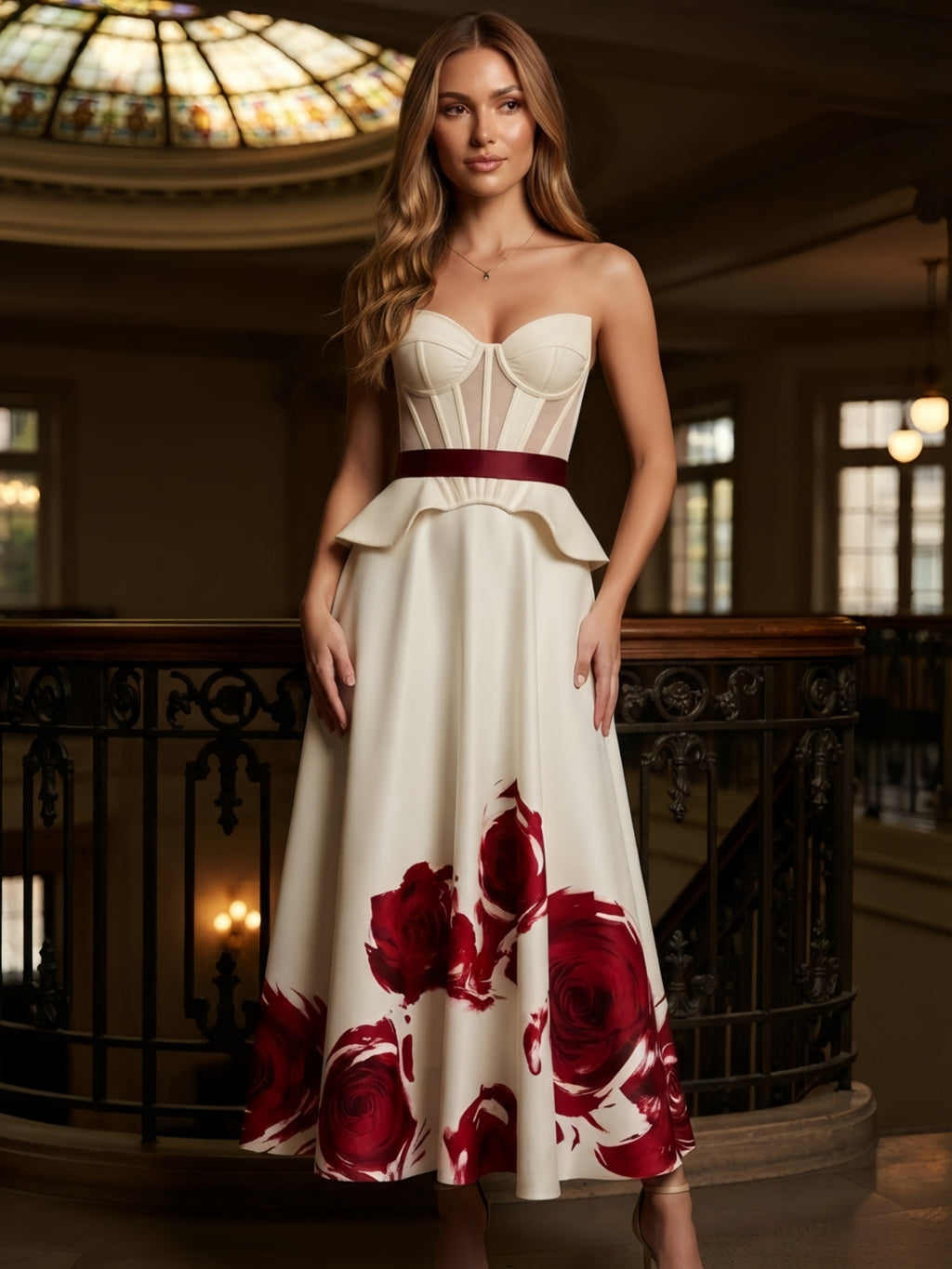 Strapless Sweetheart Red Rose Print Peplum Midi Dress