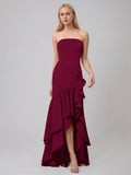 Cabernet Sheath/Column Chiffon Off The Shoulder Sleeveless Floor Length Dress With Ruffles