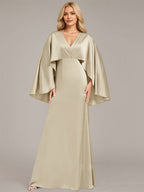 Sand A-Line V-Neck Floor-Length Satin Bridesmaid Dress