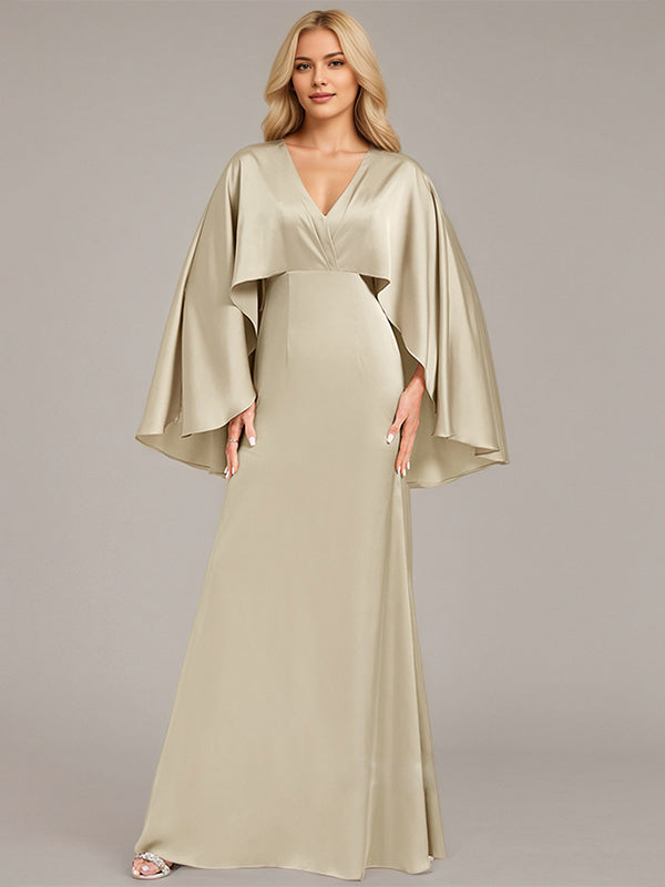 Sand A-Line V-Neck Floor-Length Satin Bridesmaid Dress