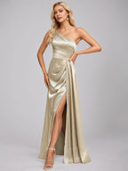 Sand A-Line One Shoulder Floor-Length Satin Bridesmaid Dress With Ruffle