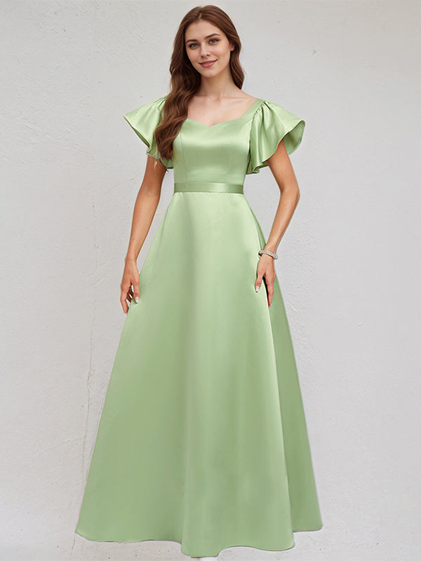 A Line Sage Satin Asymmetrical Neck Floor Length Dress With Ruffle Sleeves