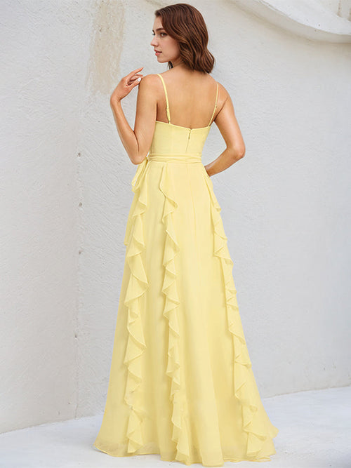 A-Linien gelbes Chiffonkleid mit Spaghettiträgern, ärmellos, bodenlang mit Rüschen