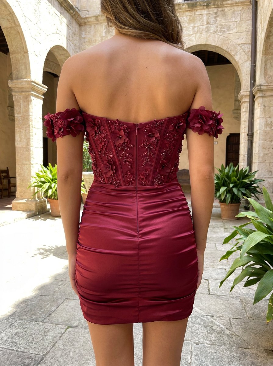 Off-the-Shoulder Corset Mini Dress with 3D Appliques Homecoming Dresses - Back View