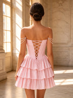Off-the-Shoulder Pearl Draped Corset Tiered Ruffle Mini Homecoming Dress