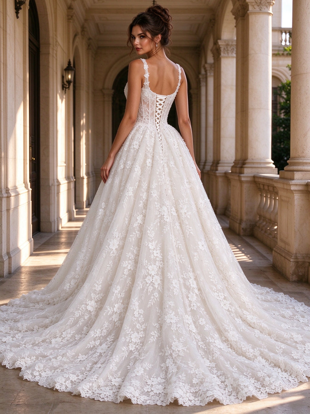 Square Neckline Beaded Lace Applique Ball Gown Wedding Dress