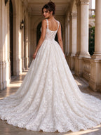 Square Neckline Beaded Lace Applique Ball Gown Wedding Dress