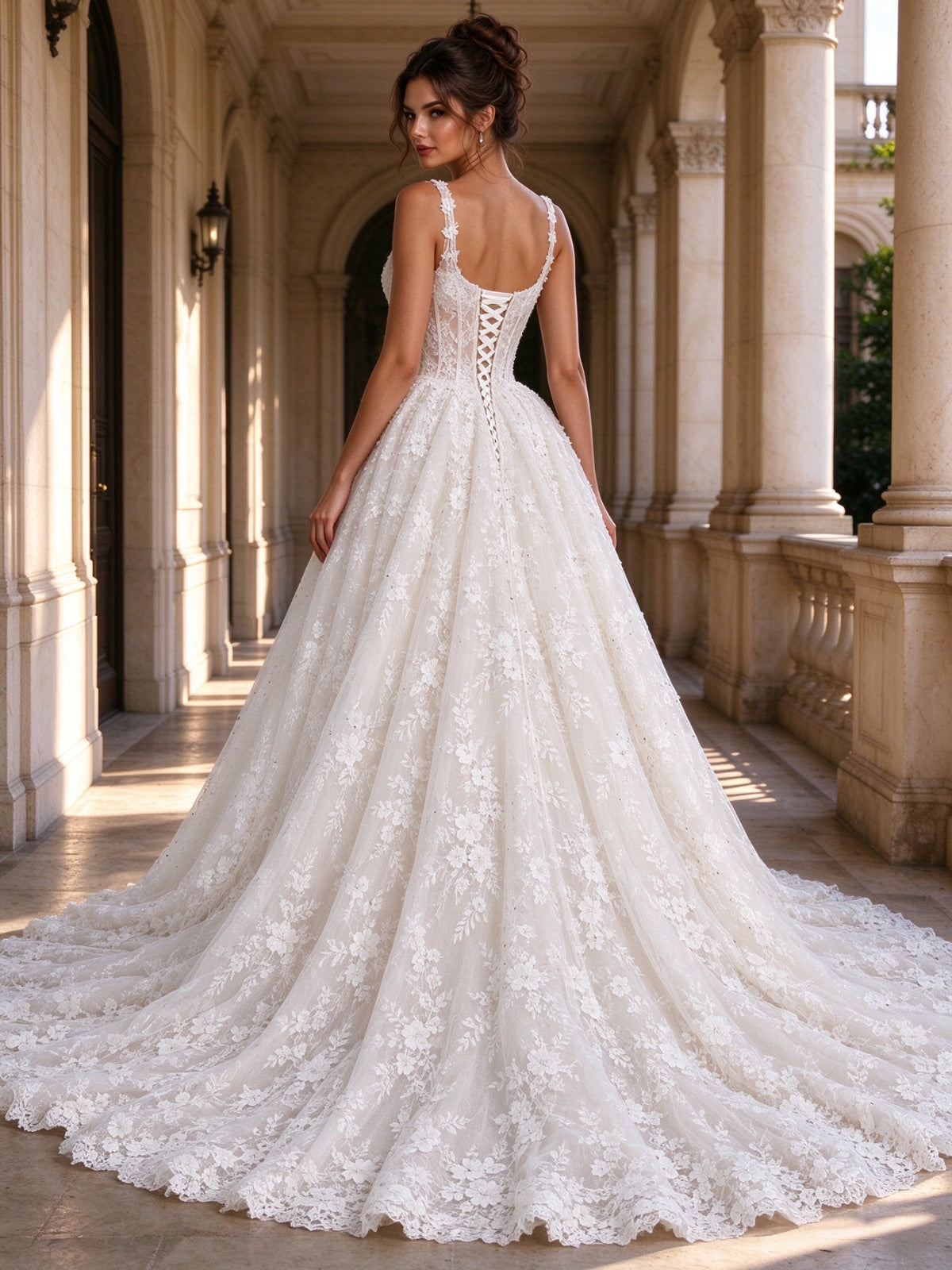 Square Neckline Beaded Lace Applique Ball Gown Wedding Dress