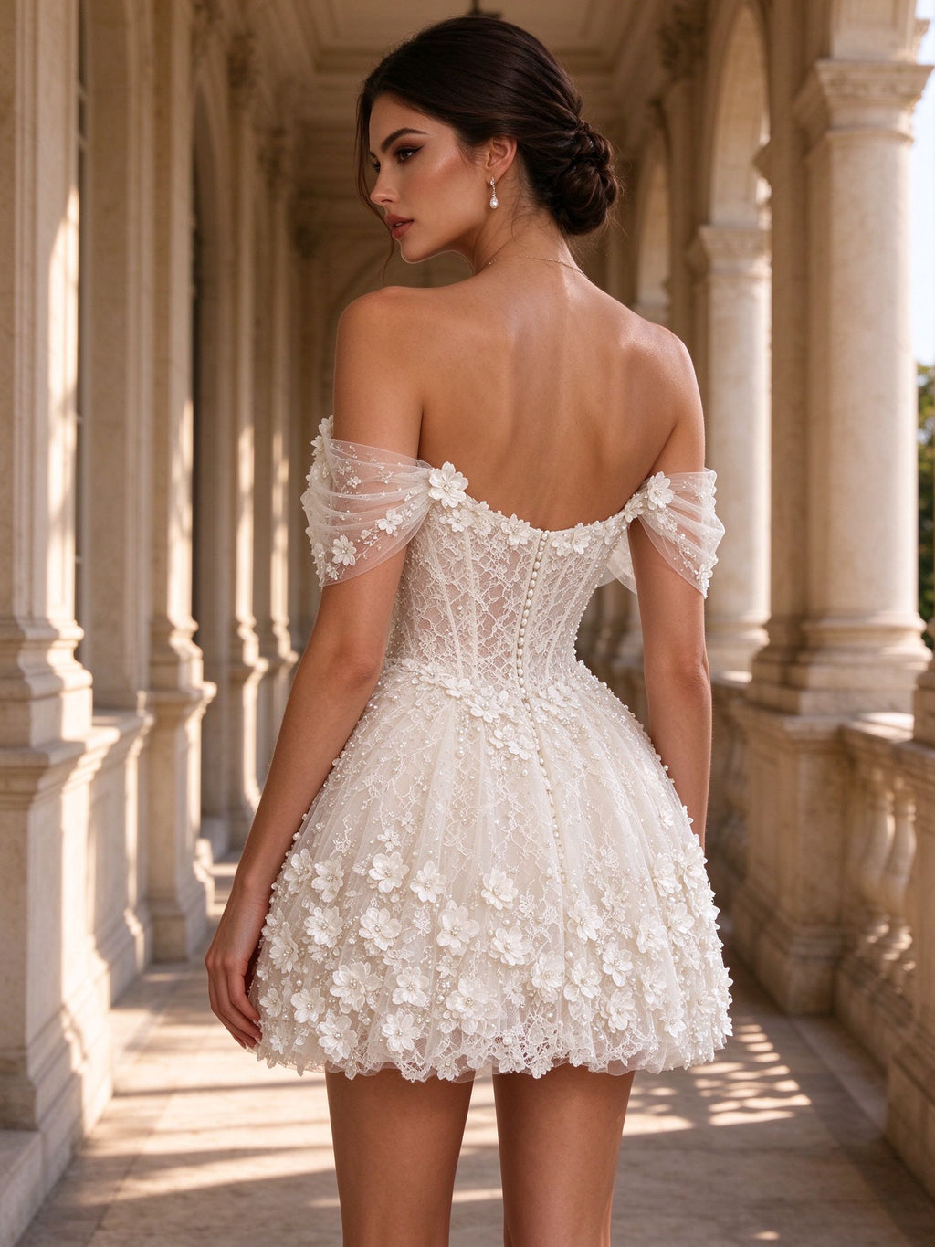 Off-the-Shoulder 3D Floral Applique Ivory Mini Corset Wedding Dress