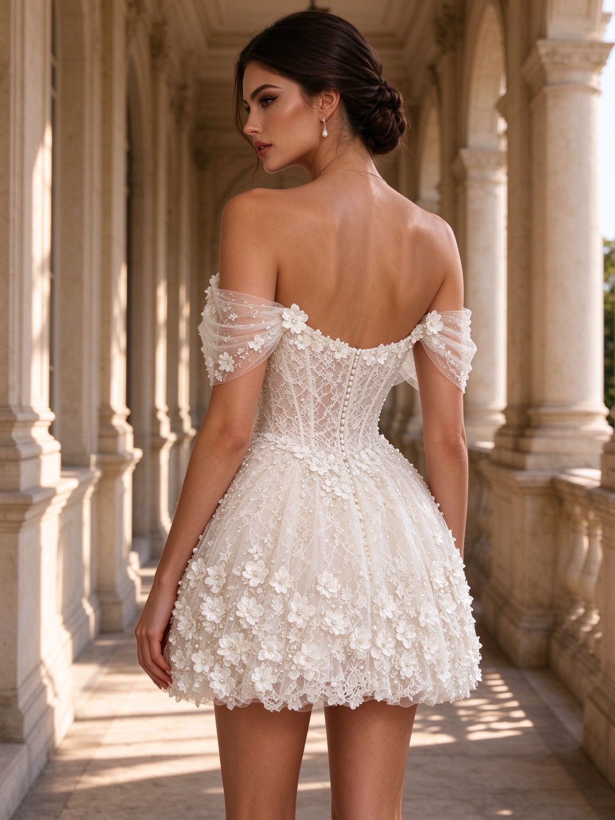 Off-the-Shoulder 3D Floral Applique Ivory Mini Corset Wedding Dress