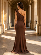 One Shoulder 3D Floral Satin Slit Evening Dress