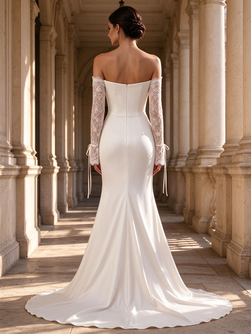Off-the-Shoulder Lace Trim Long Sleeve Satin Mermaid Wedding Dress with Sweep Train