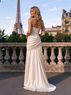 Ivory Strapless Draped Satin Column Evening Dress