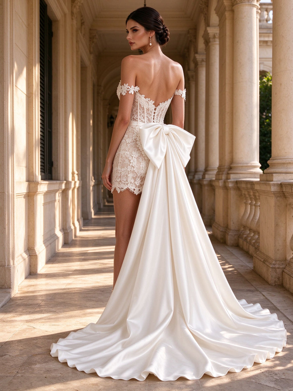 Off-the-Shoulder Lace Corset Mini Wedding Dress with Detachable Satin Overskirt Train