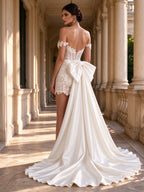 Off-the-Shoulder Lace Corset Mini Wedding Dress with Detachable Satin Overskirt Train