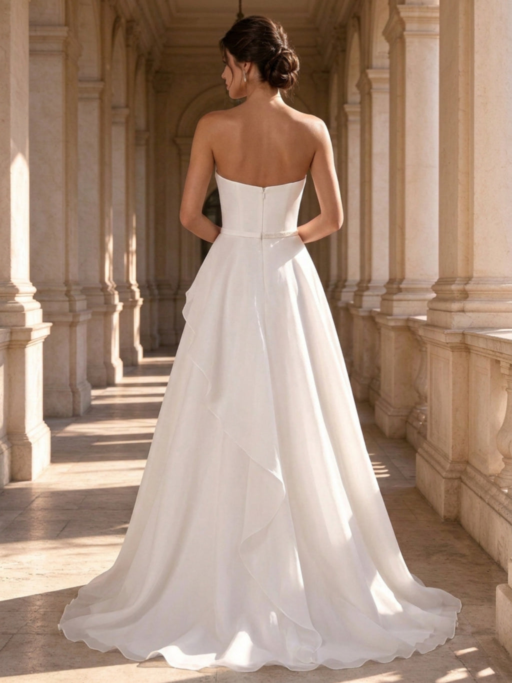 Ivory Strapless Pleated A-Line Wedding Dress Crystal Belt