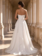 Ivory Strapless Pleated A-Line Wedding Dress Crystal Belt