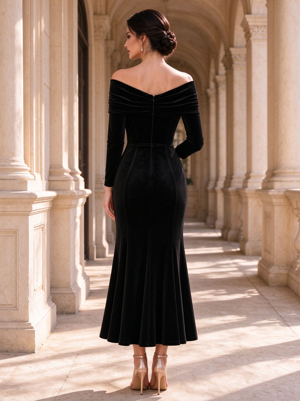 Off-the-Shoulder Black Velvet Long Sleeve Midi Trumpet Evening Gown