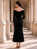 Off-the-Shoulder Black Velvet Long Sleeve Midi Trumpet Evening Gown