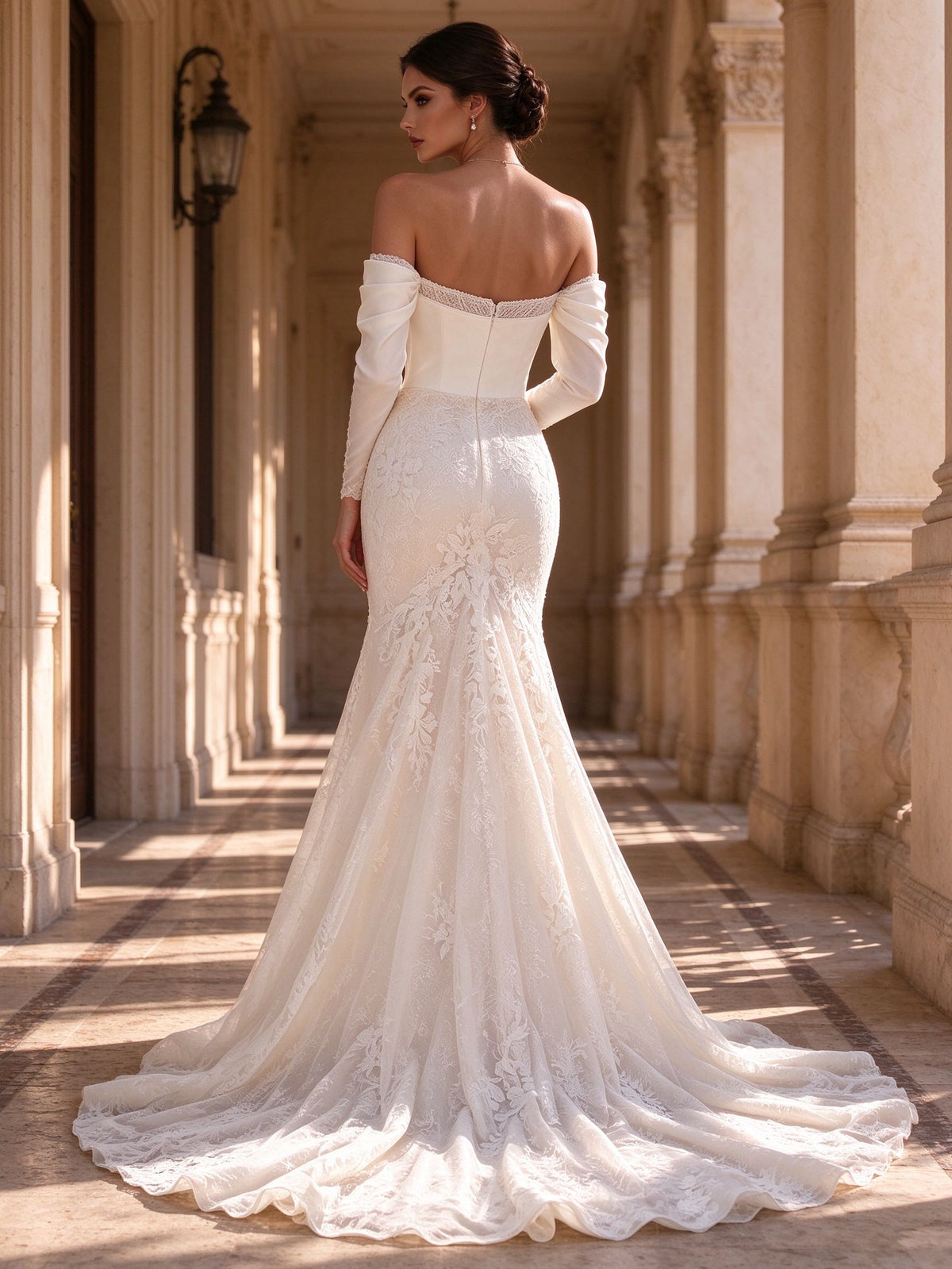 Off-the-Shoulder Satin and Lace Long Sleeve Mermaid Wedding Dress with Train