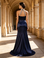Navy Blue Halter Pearl-Embellished Satin Evening Dress