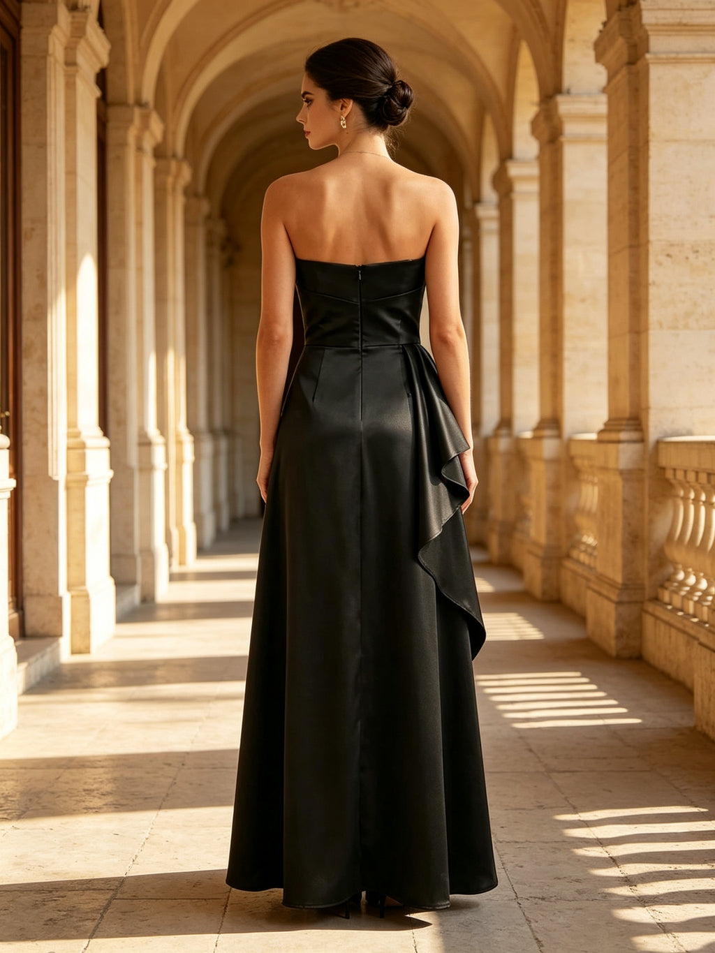 Black Sweetheart Strapless Ruffled Satin Evening Dress