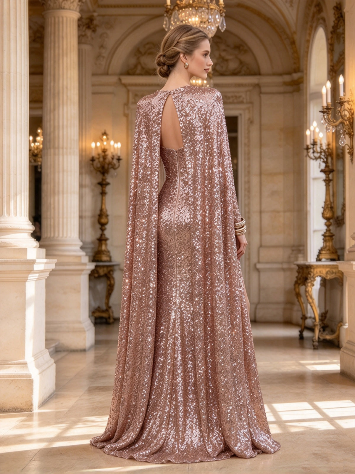 Rose Gold Sequin Sweetheart Cape Evening Dress High Slit