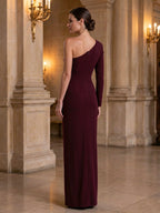 Burgundy One-Shoulder Long-Sleeve Crepe Evening Dress Crystal Applique