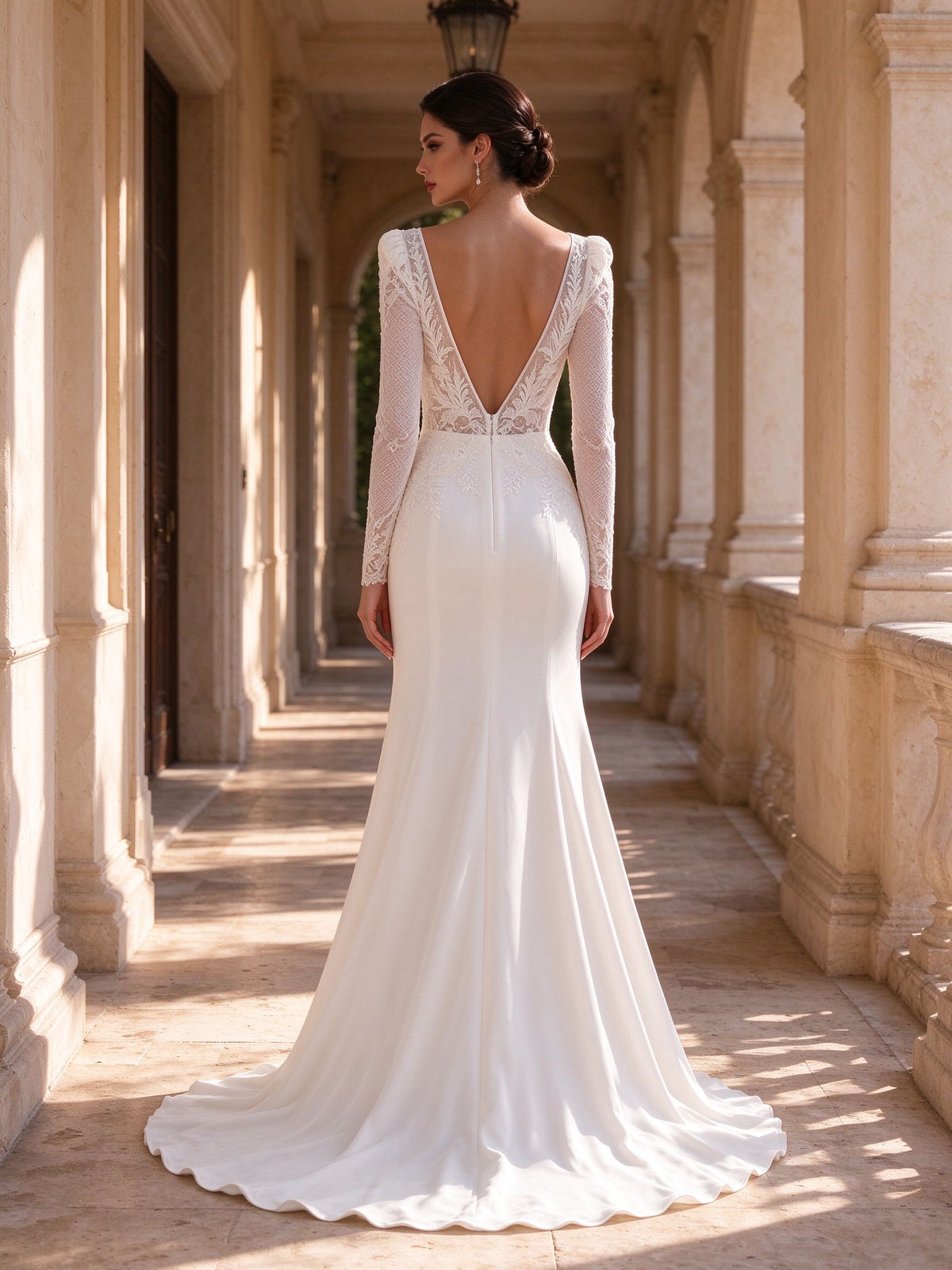 V-Neck Long Sleeve Lace and Satin Mermaid Wedding Dress with High Slit