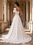 One-Shoulder Draped Satin A-Line Wedding Dress with High Slit and Rosette