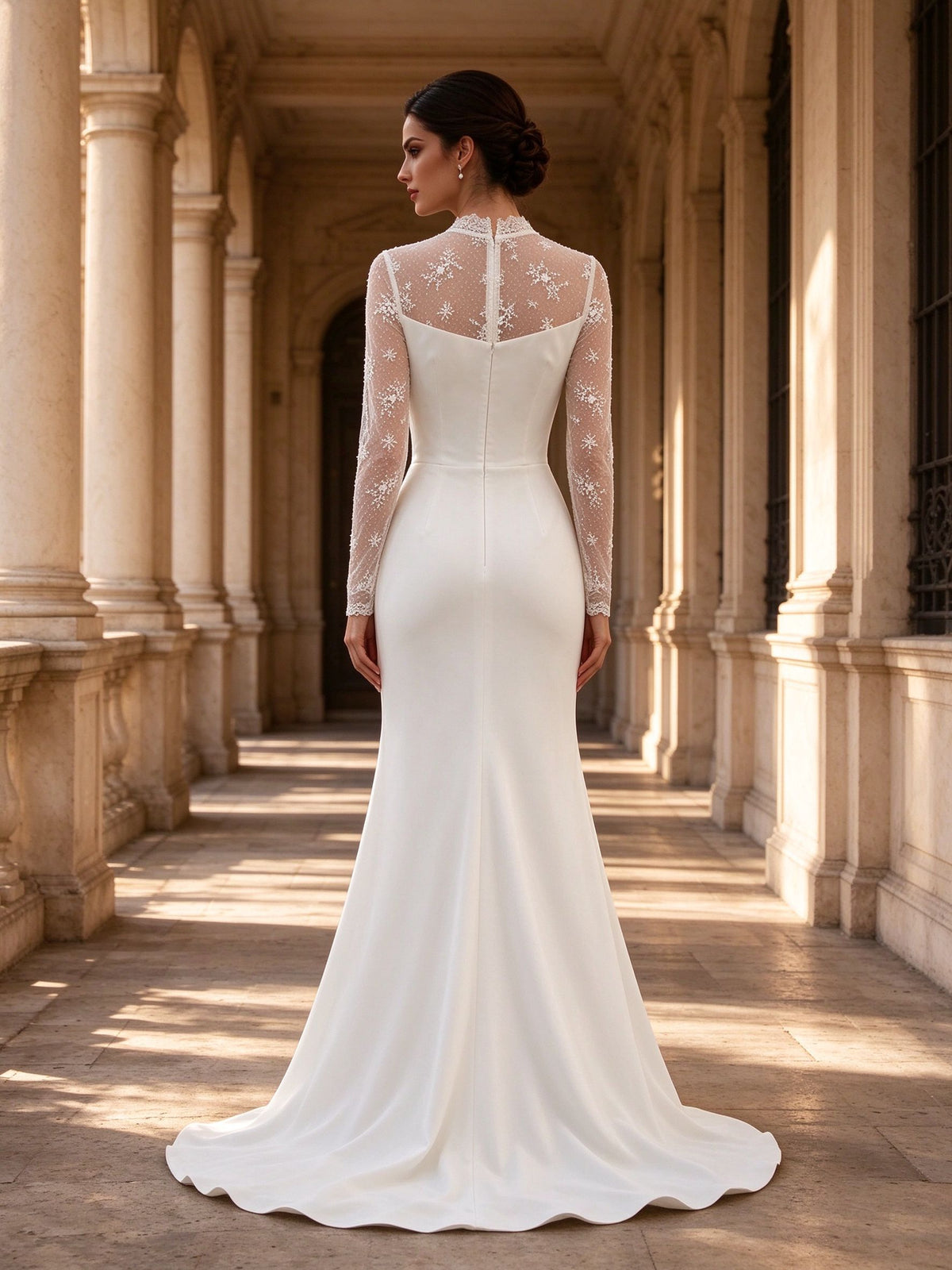 High-Neck Illusion Lace Long Sleeve Satin Column Wedding Dress with Train