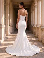 Strapless Sweetheart Beaded Trim Satin Mermaid Wedding Dress with Sweep Train
