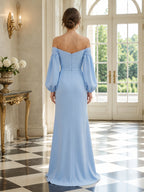 Off The Shoulder Long Sleeve Satin Slit Evening Dress