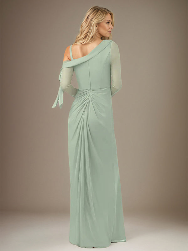 Salbeigrünes Etuikleid/Säulenkleid Chiffon Ein-Schulter Langarm Bodenlanges Kleid mit Schlitz