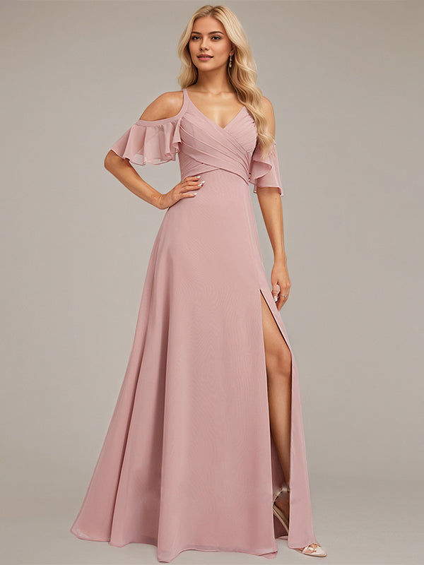 Robe de demoiselle d'honneur en mousseline longueur sol, ligne A, épaules dénudées, volants, rose poussiéreux