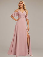 Robe de demoiselle d'honneur en mousseline longueur sol, ligne A, épaules dénudées, volants, rose poussiéreux