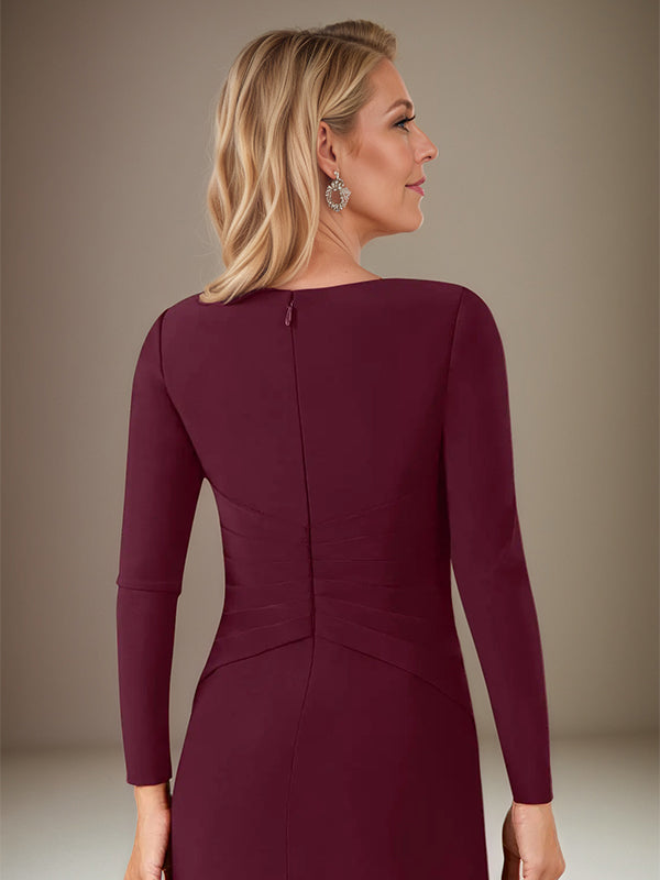 A Line Cabernet Stretch Crepe Scoop Neck Long Sleeves Floor Length Dress